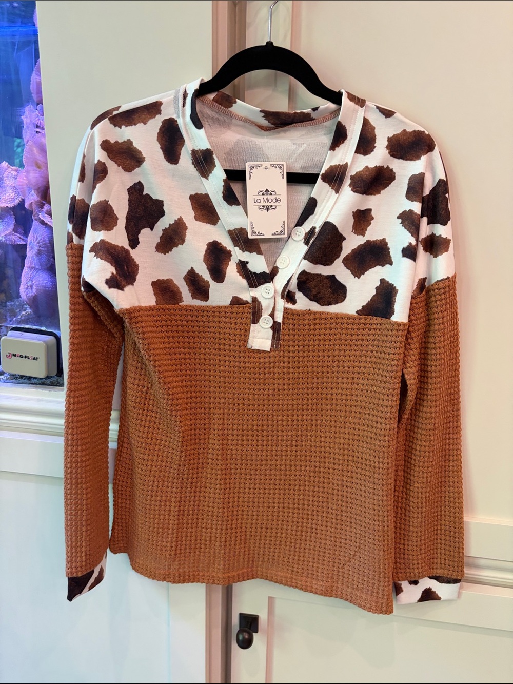 Brown Waffle-Knit Long Sleeve Top with Leopard Yoke